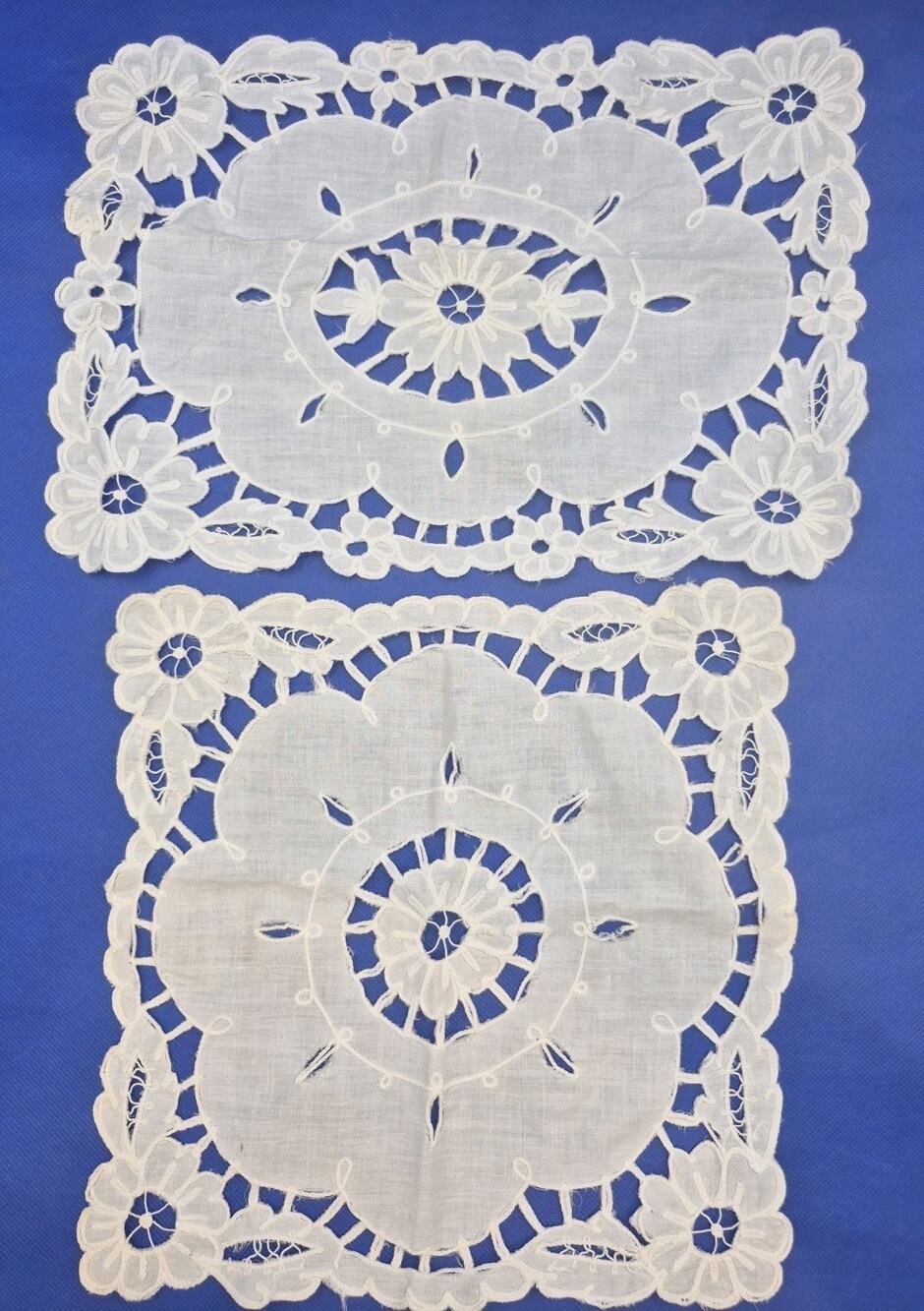 Two Vintage Embroidered White Linen Cutwork Doilies 11" Square 13x9" Rectangle